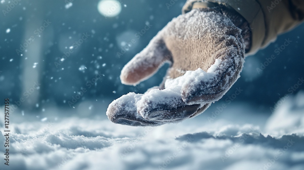 Fototapeta premium Gloved hand touches snow; winter night