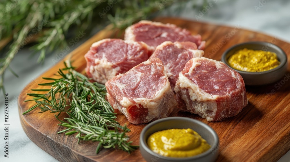 A close-up of artisanal meats on a wooden board, surrounded by sprigs of rosemary and small bowls of mustard A close-up of artisanal meats on a wooden board, surrounded by sprigs of rosemary and small bowls of mustard