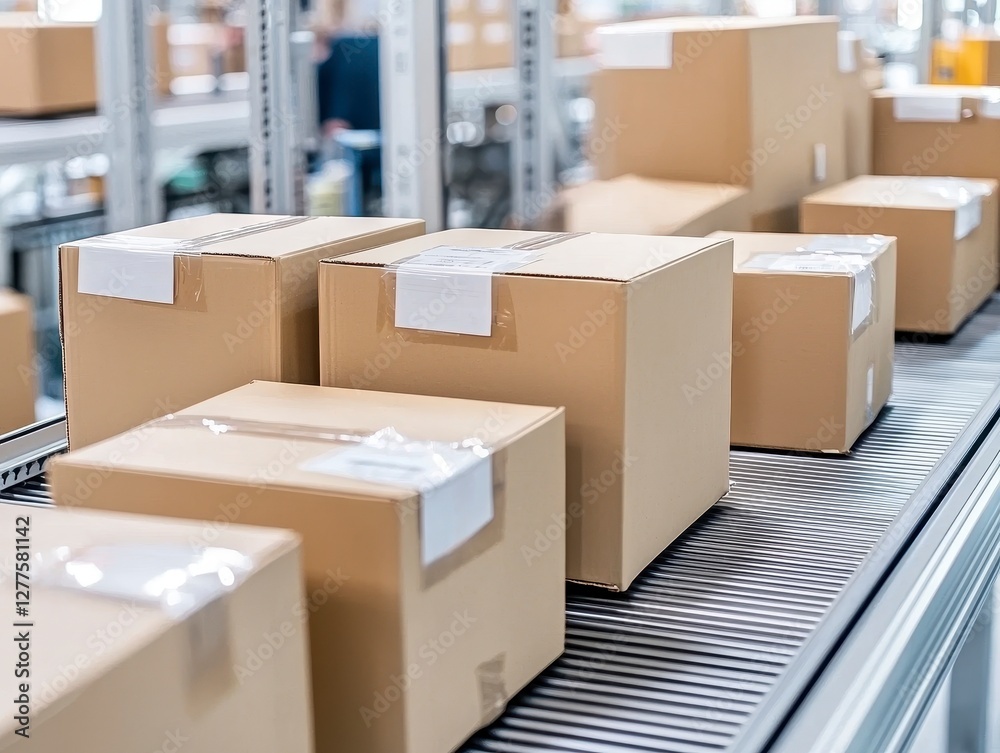 Cardboard boxes on a conveyor belt in warehouse Cardboard boxes on a conveyor belt in warehouse