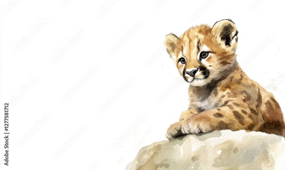 Obraz premium A playful baby leopard cub resting on a rock, surrounded by a serene natural environment