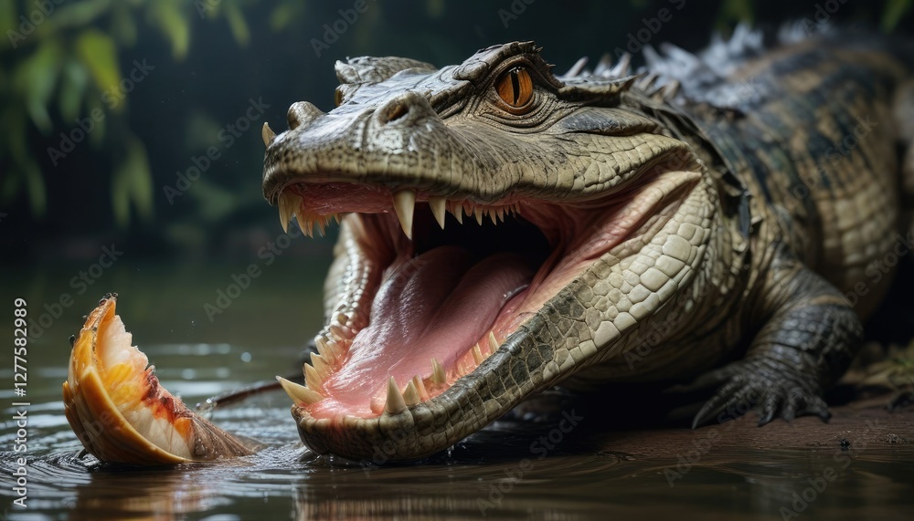 Obraz premium A caiman's sharp teeth are visible in its open jaws as it prepares to eat its freshly caught fish, predator, wildlife