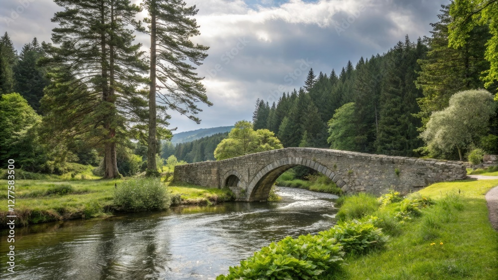 Fototapeta premium A charming stone bridge crossing a slow-moving river surrounded by lush greenery and towering trees, foliage, rural, serenity, trees