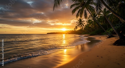 Tropical Beach Sunset with Palm Trees and Golden Light Reflections