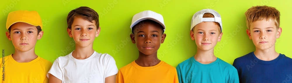 Diverse children posing in front of a solid green background for diversity, inclusion, and acceptance Diverse children posing in front of a solid green background for diversity, inclusion, and acceptance