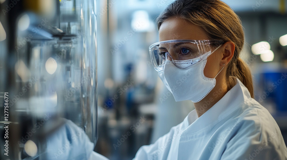 Scientist in laboratory examining equipment, wear protective gear Scientist in laboratory examining equipment, wear protective gear