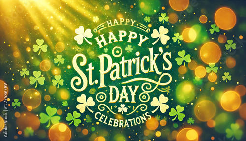 A festive St. Patrick's Day celebration-themed image with a vibrant green bokeh background