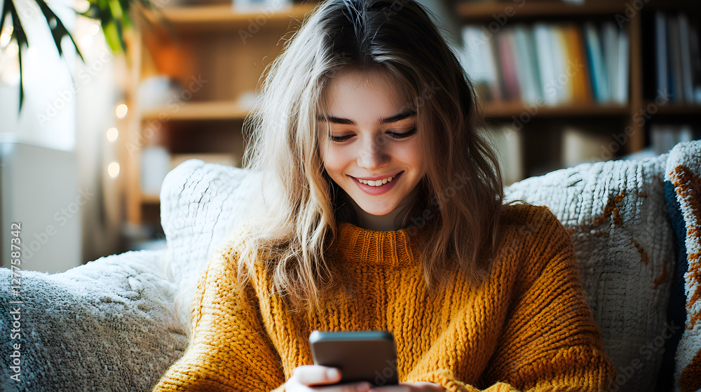 A smiling girl is sitting on the sofa with a phone in her hands A smiling girl is sitting on the sofa with a phone in her hands