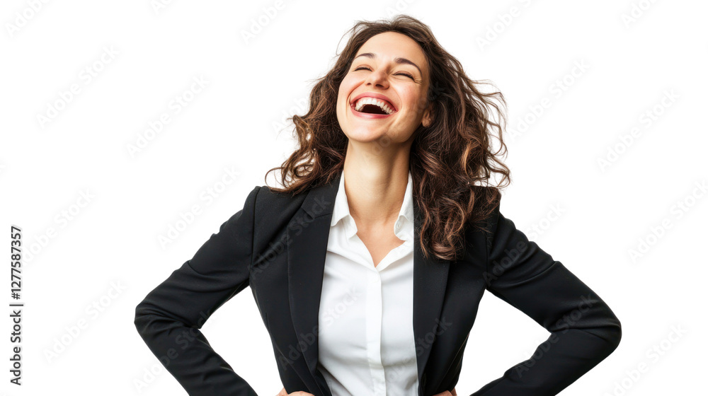 A joyful businesswoman laughing heartily, showcasing confidence and positivity in a professional setting, perfect for conveying success and happiness. A joyful businesswoman laughing heartily, showcasing confidence and positivity in a professional setting, perfect for conveying success and happiness.