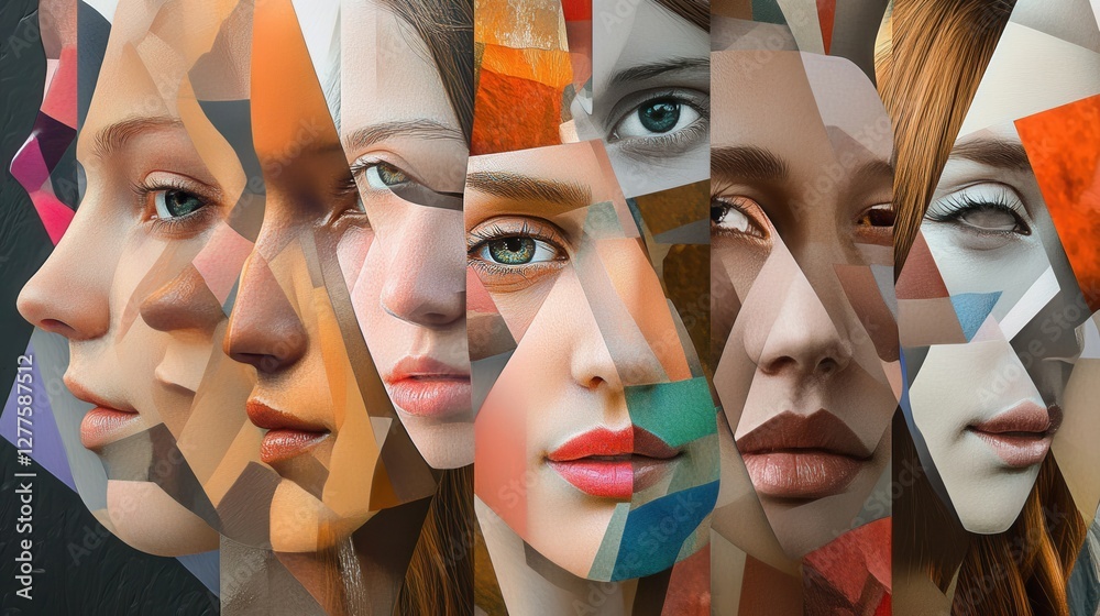 Obraz premium Abstract Geometric Collage of Female Faces Modern Art Portrait