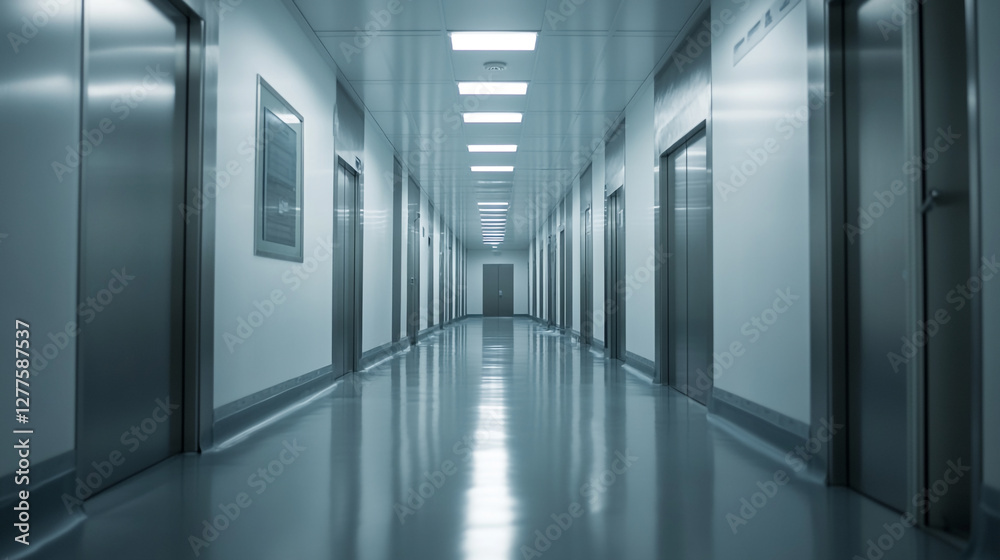 Empty modern hospital hallway with closed doors provides a sense of sterile efficiency Empty modern hospital hallway with closed doors provides a sense of sterile efficiency