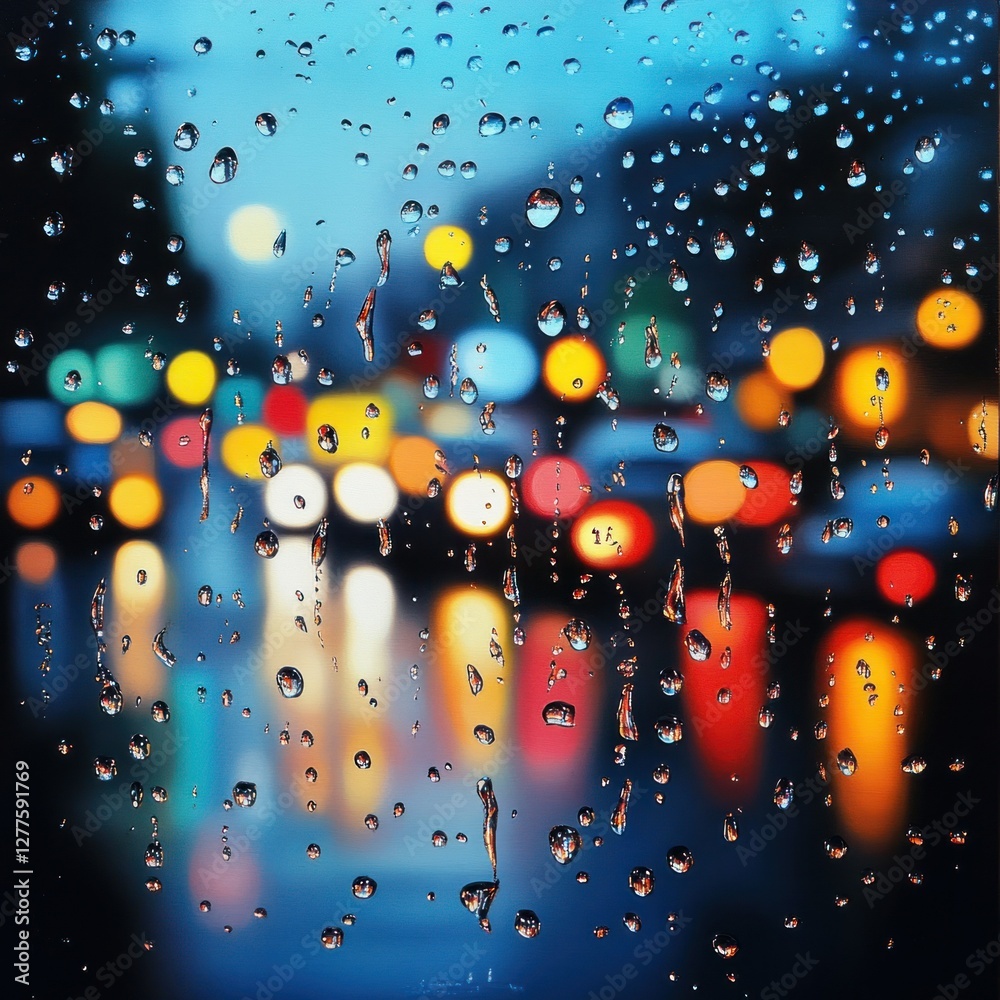 Raindrops on a Windshield with Blurred Traffic Lights