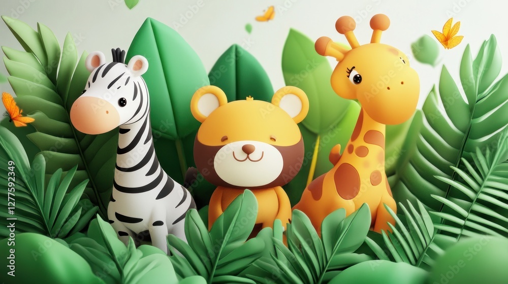 Obraz premium Cute cartoon animals in a lush green jungle setting.