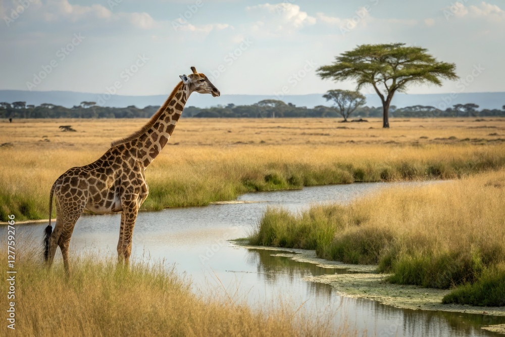 Obraz premium A large giraffe standing next to a watering hole in the wild, wildlife park, wildlife photography, nature photography, watering hole, wild animals