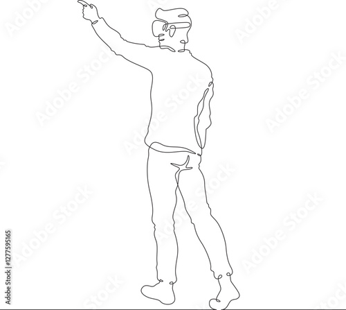 Continuous one line drawing man in VR headset. Man in virtual reality. Character With extended index finger. One continuous line isolated minimal illustration.Not AI.