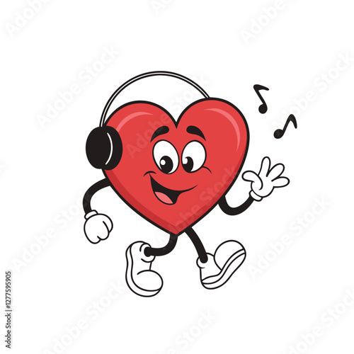 Cartoon heart character wearing headphones and enjoying music with a joyful expression in a playful style
