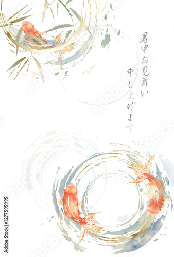 金魚, 暑中見舞い, 背景, 水彩, 夏, ベクター, フレーム, 波紋, 波, 葉, 金箔, 和風, 和, イラスト