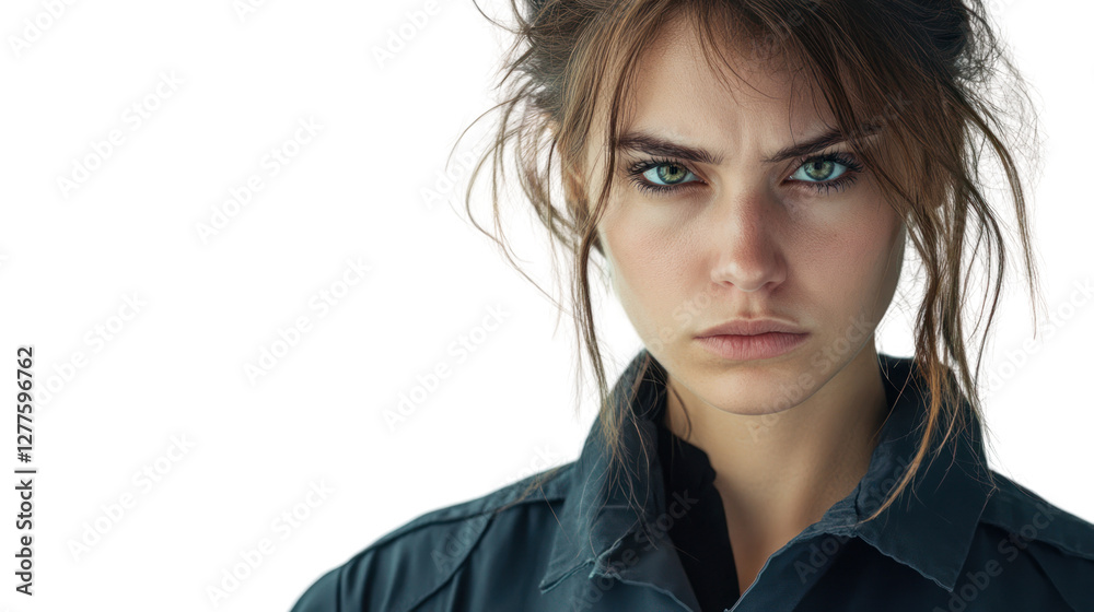 A serious young woman with striking green eyes, styled hair, and a determined expression, showcasing confidence and strength in her demeanor. A serious young woman with striking green eyes, styled hair, and a determined expression, showcasing confidence and strength in her demeanor.