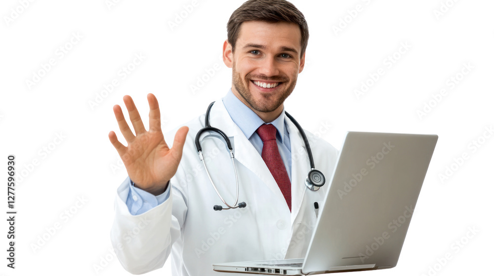 A smiling doctor greets patients while working on a laptop. Dressed in a white coat, he represents modern telemedicine and healthcare technology. A smiling doctor greets patients while working on a laptop. Dressed in a white coat, he represents modern telemedicine and healthcare technology.