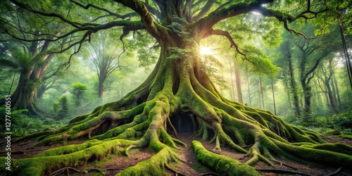 A majestic tree with sprawling roots and vines crawling up its trunk, covered in moss and ferns, ferns, wilderness, epiphytes