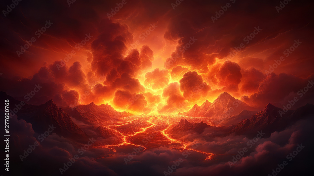dramatic volcanic eruption with molten lava flowing through fiery landscape, surrounded by dark clouds and mountains, creates intense and awe inspiring scene dramatic volcanic eruption with molten lava flowing through fiery landscape, surrounded by dark clouds and mountains, creates intense and awe inspiring scene