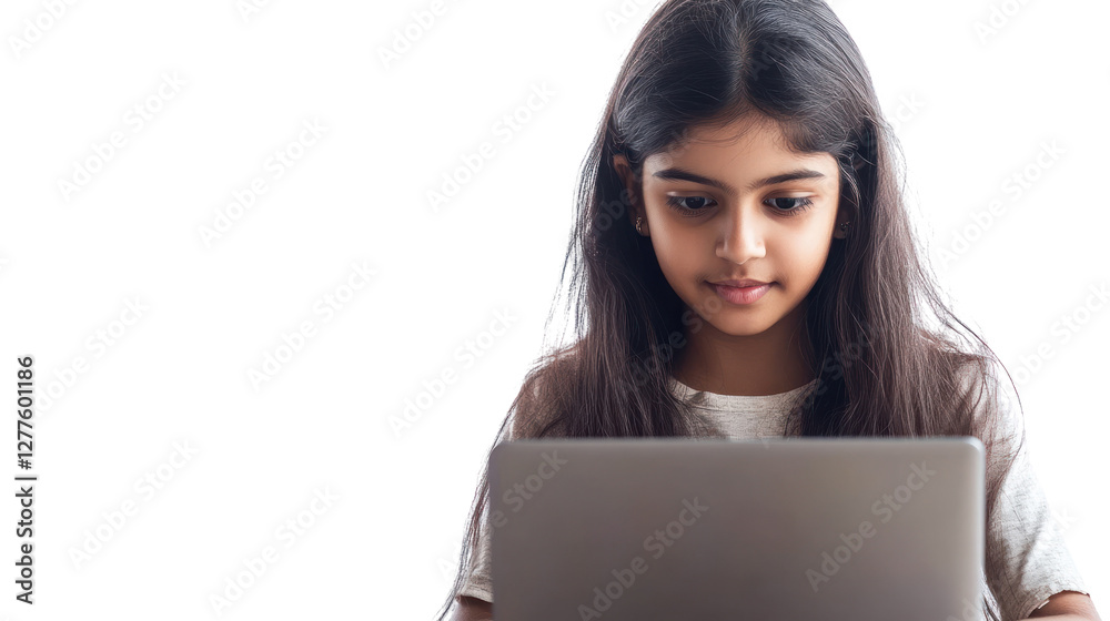 A young girl focused on her laptop, representing modern learning and digital engagement. Perfect for themes of education, technology, and youth. A young girl focused on her laptop, representing modern learning and digital engagement. Perfect for themes of education, technology, and youth.