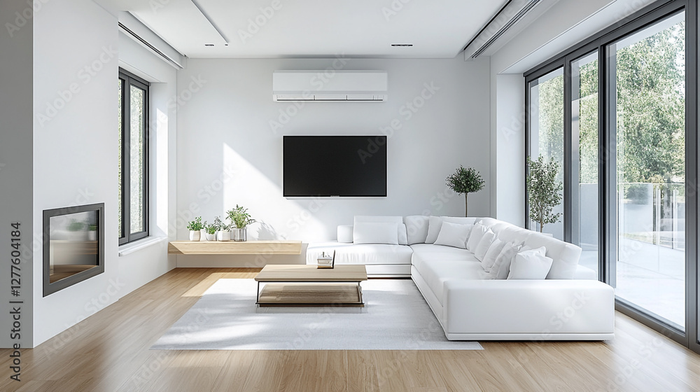 Bright living room with TV and large windows mockup Bright living room with TV and large windows mockup