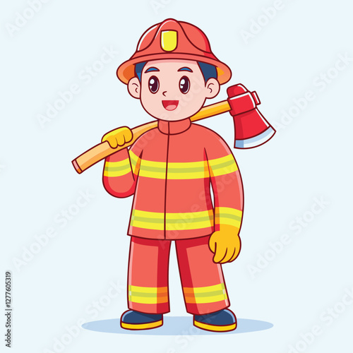 Cartoon firefighter character wearing a helmet and uniform, holding an axe in a cheerful and friendly pose
