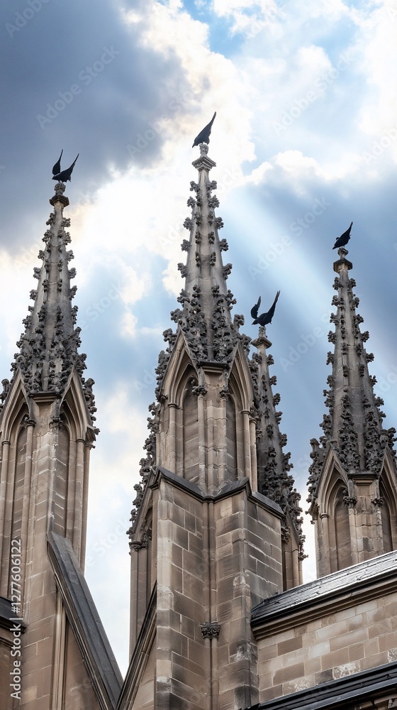 Fototapeta premium Gothic church spires, cloudy sky, sunlight. Architectural detail