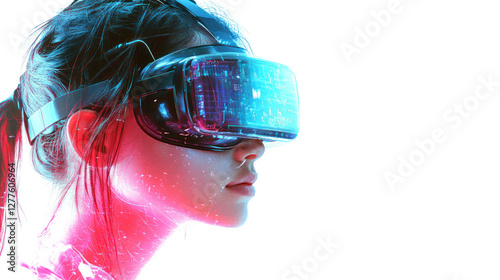 A young woman wearing a VR headset immersed in a digital world, showcasing the future of virtual reality technology and its immersive experiences.