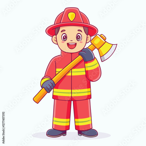 Cartoon firefighter character wearing a helmet and uniform, holding an axe in a cheerful and friendly pose