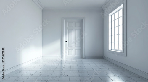 Bright and clean empty room interior with door and window, suitable for background image