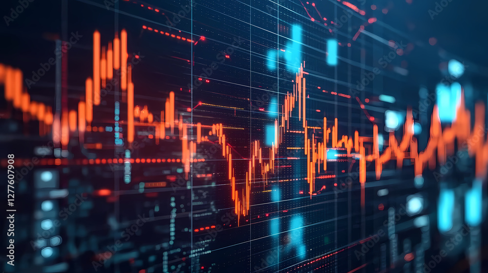 Stock Market Chart with Red and Blue Lines on Black Background Stock Market Chart with Red and Blue Lines on Black Background