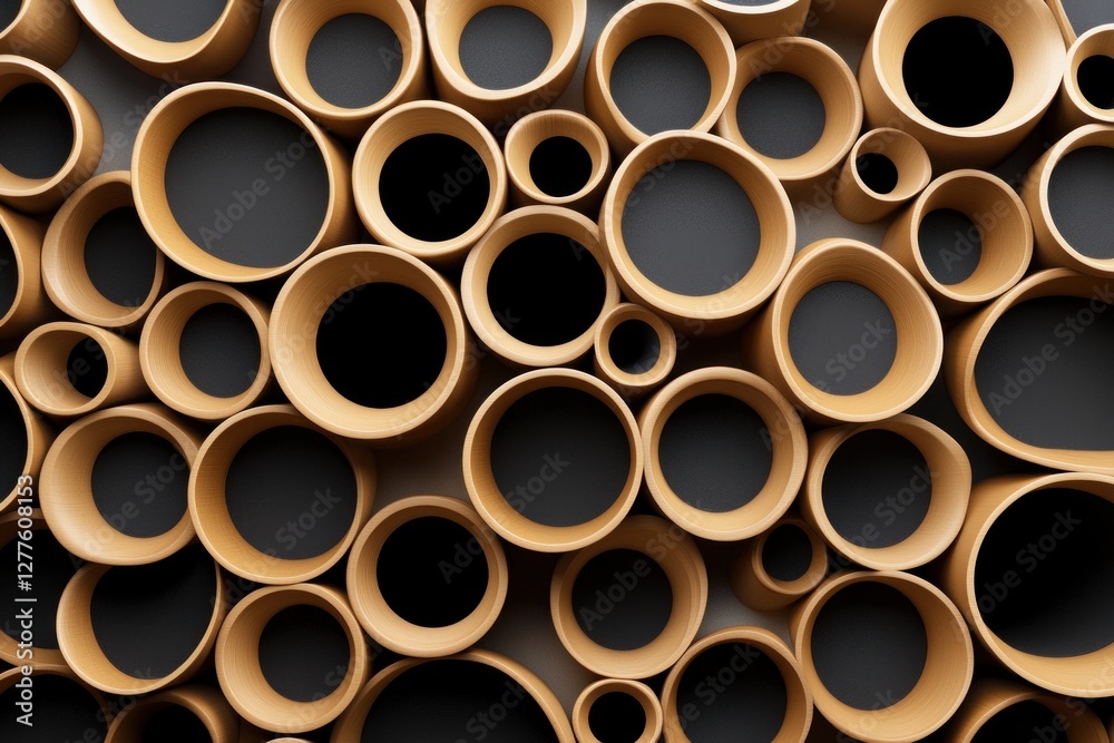 Abstract arrangement of wooden cylindrical forms with dark interiors creating a modern and minimalist background for graphic design and artistic projects Abstract arrangement of wooden cylindrical forms with dark interiors creating a modern and minimalist background for graphic design and artistic projects