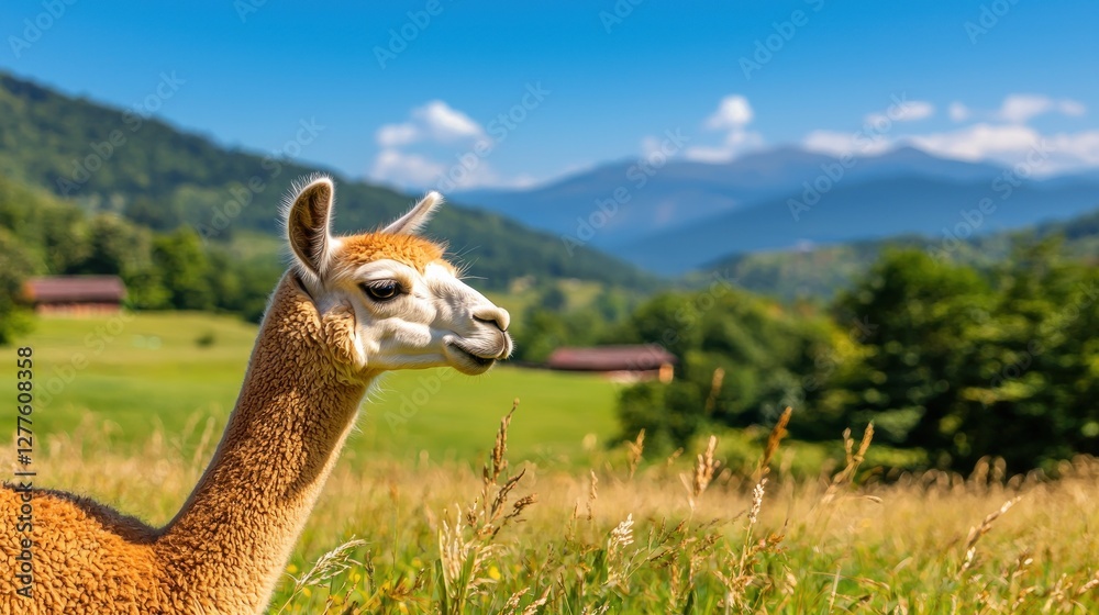 Obraz premium Serene portrait of a llama grazing in a lush meadow against a backdrop of majestic mountains and a clear blue sky