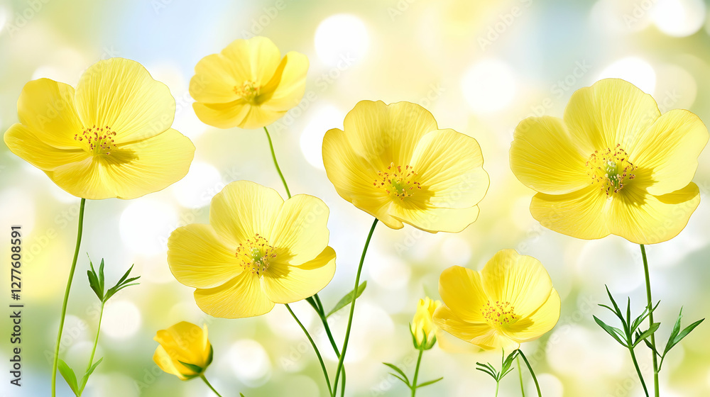 Fototapeta premium Vibrant yellow flowers blooming in a sunlit meadow, delicate petals and soft bokeh background. Perfect for spring or summer themes.