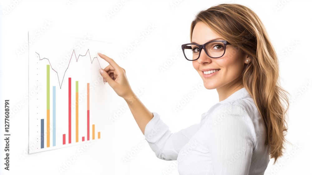 A businesswoman pointing to a graph displayed on an invisible whiteboard, isolated on a clean white background. A businesswoman pointing to a graph displayed on an invisible whiteboard, isolated on a clean white background.
