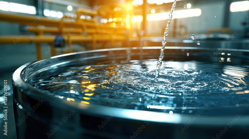 Crystal Clear Treated Water Flowing into Massive Container Crystal Clear Treated Water Flowing into Massive Container