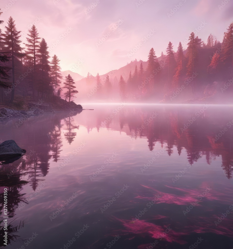 Fototapeta premium A soft pink mist rises from the surface of a serene lake on a warm summer day, subtle colors, soft pink mist