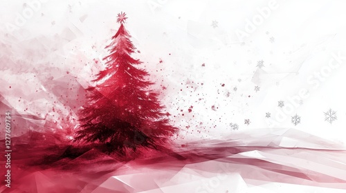 Red Christmas Tree Winter Abstract Painting