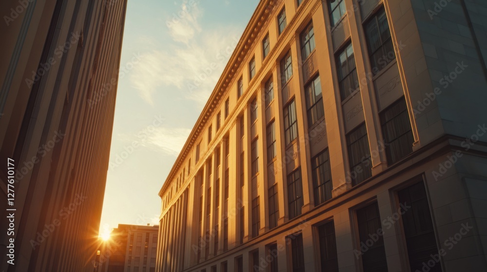 Federal Reserve building at sunset with warm hues. Featuring fiscal leadership and stability Federal Reserve building at sunset with warm hues. Featuring fiscal leadership and stability