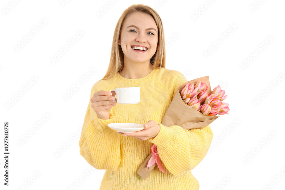 PNG, March 8. Girl with a cup of coffee and a bouquet of flowers, isolated on a white background. PNG, March 8. Girl with a cup of coffee and a bouquet of flowers, isolated on a white background.