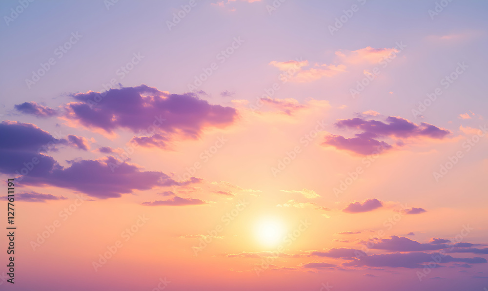 Serene sunset sky with vibrant purple and orange hues, fluffy clouds, and a radiant sun. Perfect for backgrounds, websites, and design projects. Serene sunset sky with vibrant purple and orange hues, fluffy clouds, and a radiant sun. Perfect for backgrounds, websites, and design projects.