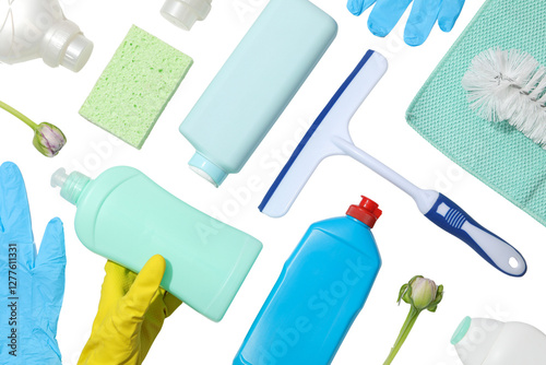 Spring cleaning, cleaning equipment and flowers, isolated on white background, PNG