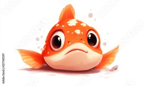 Cute cartoon goldfish with big eyes swimming in a bright, minimalist underwater scene photo