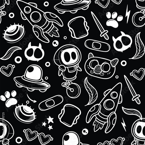 seamless pattern with alliens, ufo, rocket, cat,  animals vector art illustration design
