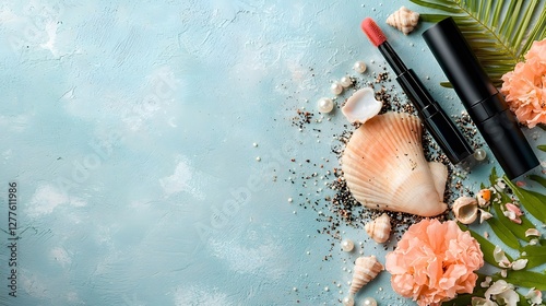 Closeup of a high end volumizing waterproof mascara product placed on a natural seashell with small pearls scattered around set against a clean white background with ample copy space photo