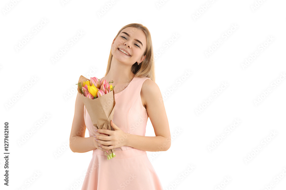 PNG, March 8. Girl holding flowers in her hands, isolated on white background. PNG, March 8. Girl holding flowers in her hands, isolated on white background.
