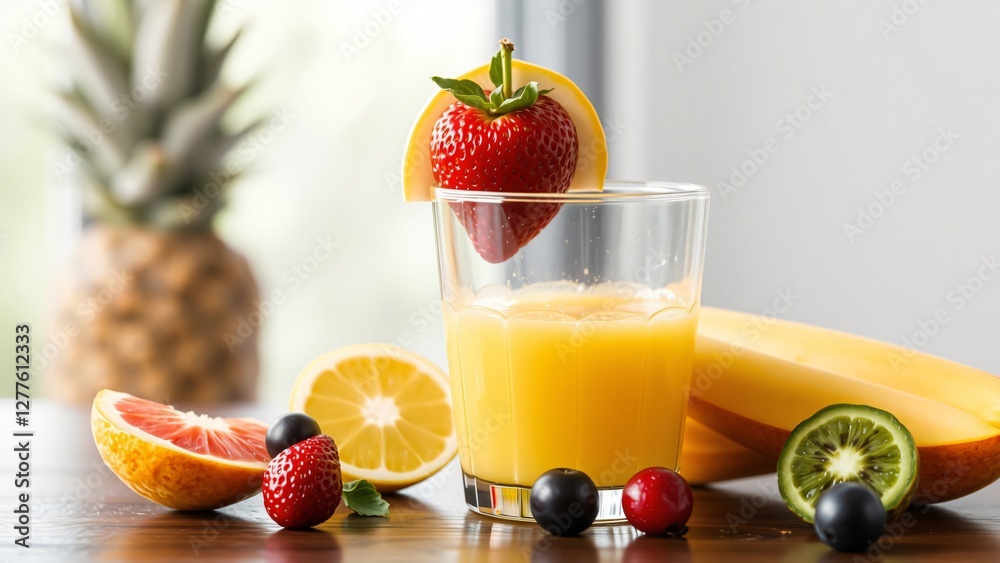 Fresh Tropical Fruit Juice with Strawberry Garnish in Glass Fresh Tropical Fruit Juice with Strawberry Garnish in Glass