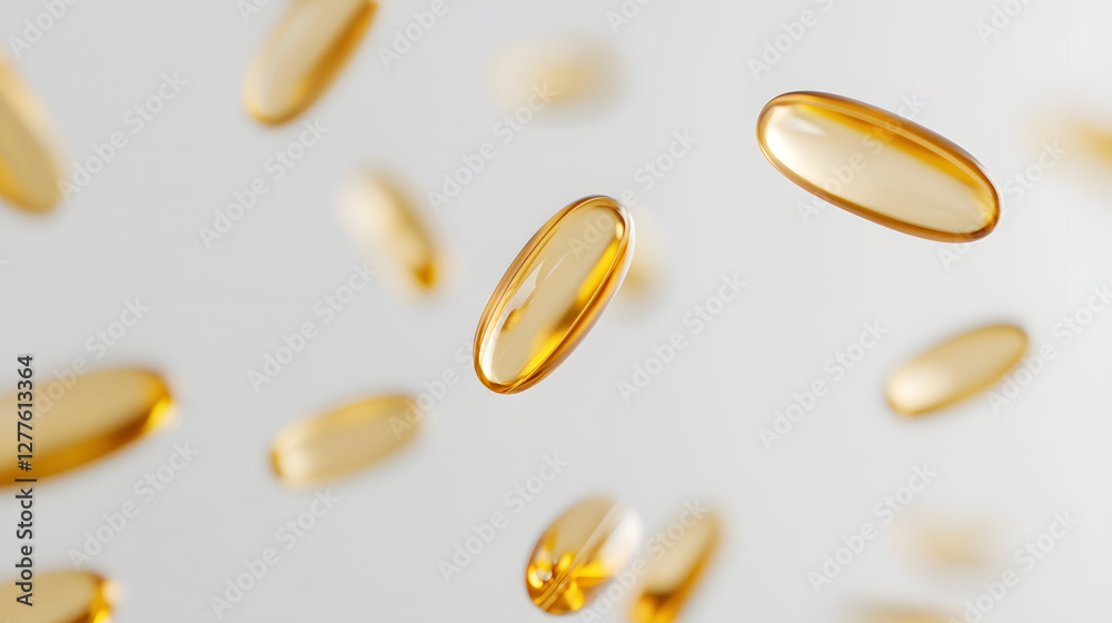 Floating golden capsules create dynamic and soft visual effect against clear background, evoking sense of health and vitality Floating golden capsules create dynamic and soft visual effect against clear background, evoking sense of health and vitality