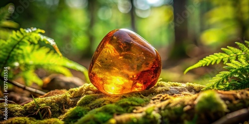 A chunk of amber embedded in a forest floor, surrounded by moss and ferns, geology, fossil
